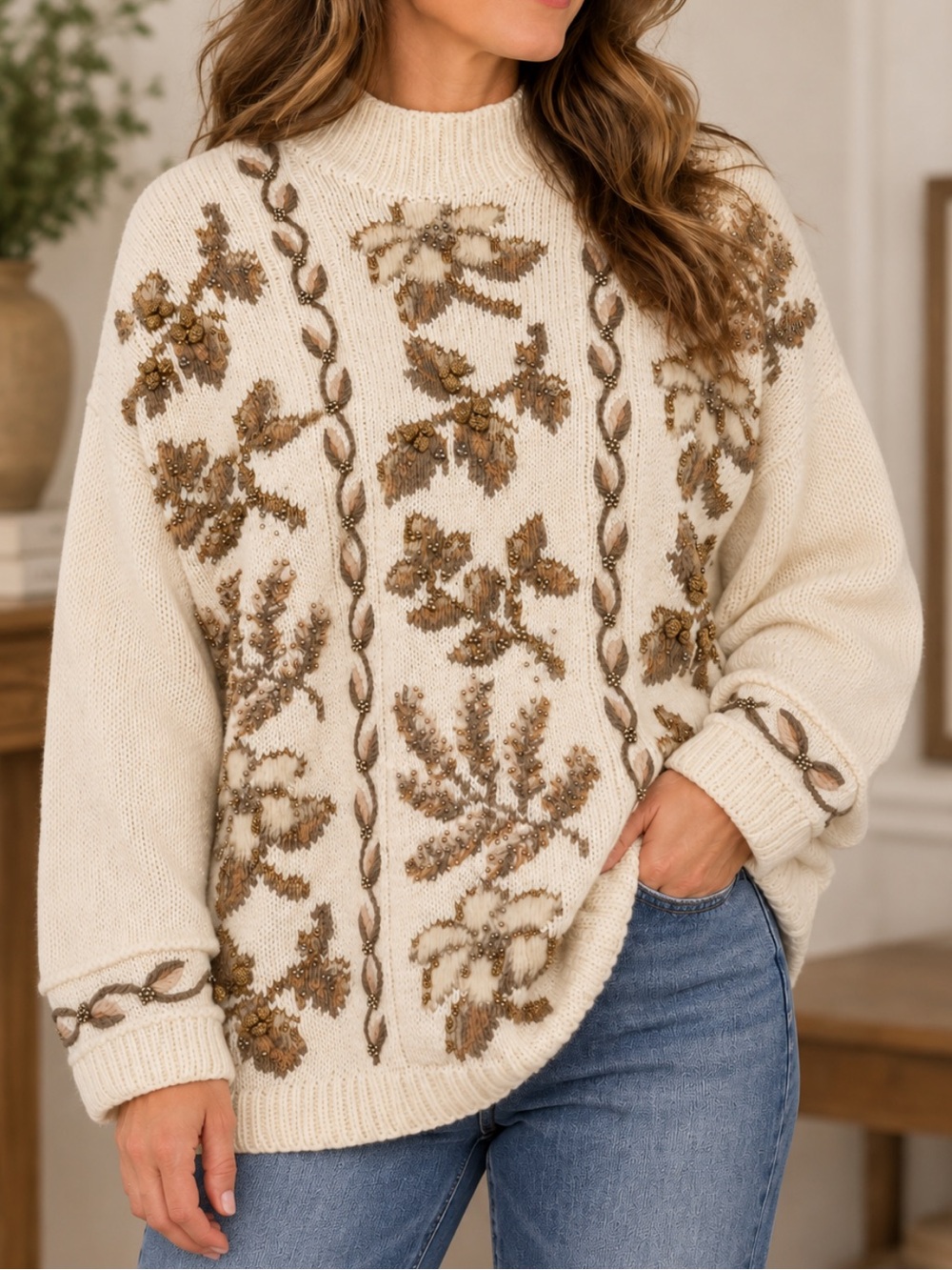 Vintage Talbots Hand Knit Ramie Cotton Floral Embellished Beaded Sweater Ivory